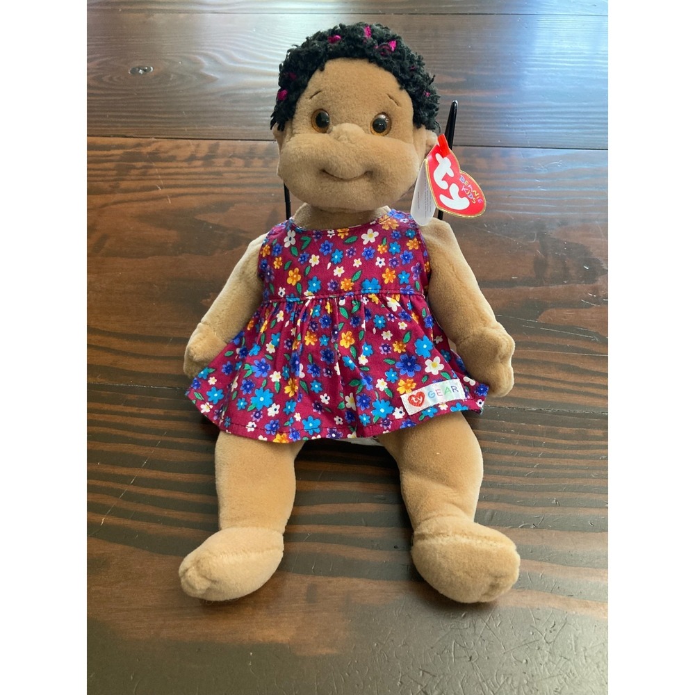 2000 Ty Beanie Kids Cutie 10.5" Brown Plush Doll with Tag Floral Dress